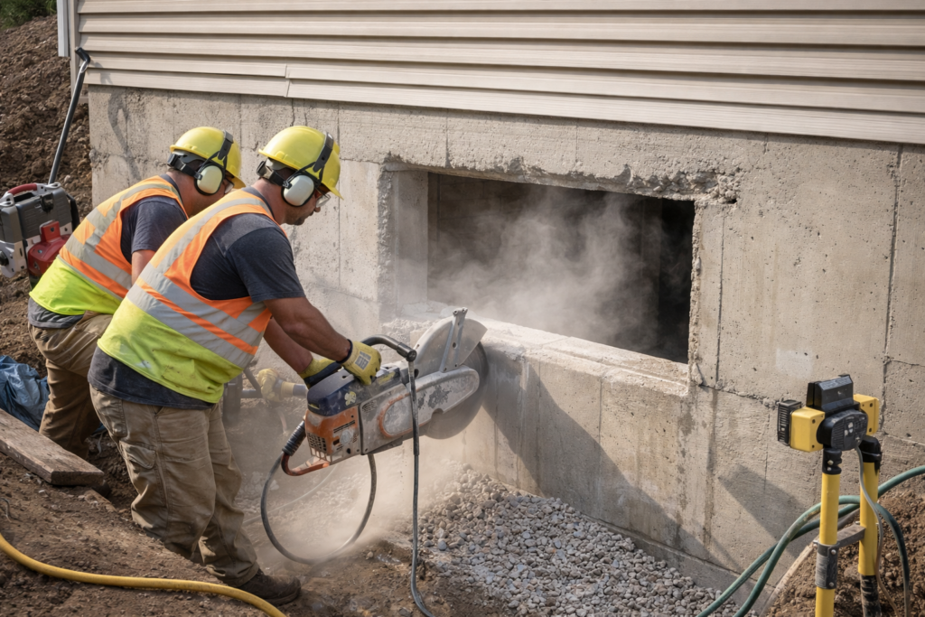 Crew Cutting Foundation Wall