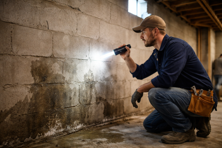 Professional contractor inspecting basement wall for signs of water damage and moisture