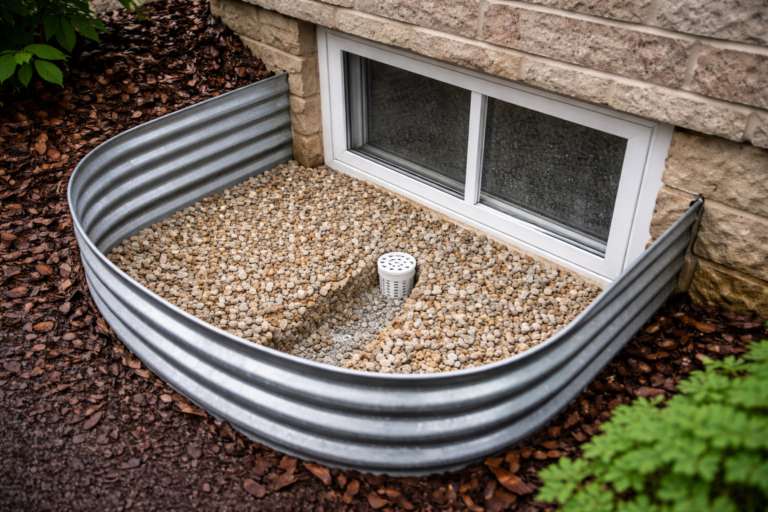 properly installed window well drainage system with clean gravel base, visible drain pipe at bottom, clear water flow path,