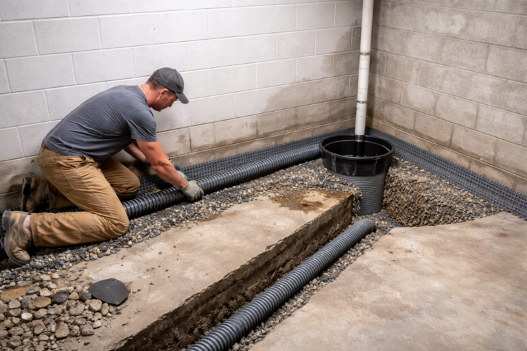 Basement waterproofing in {city} with interior drain tile system and sump pump installation